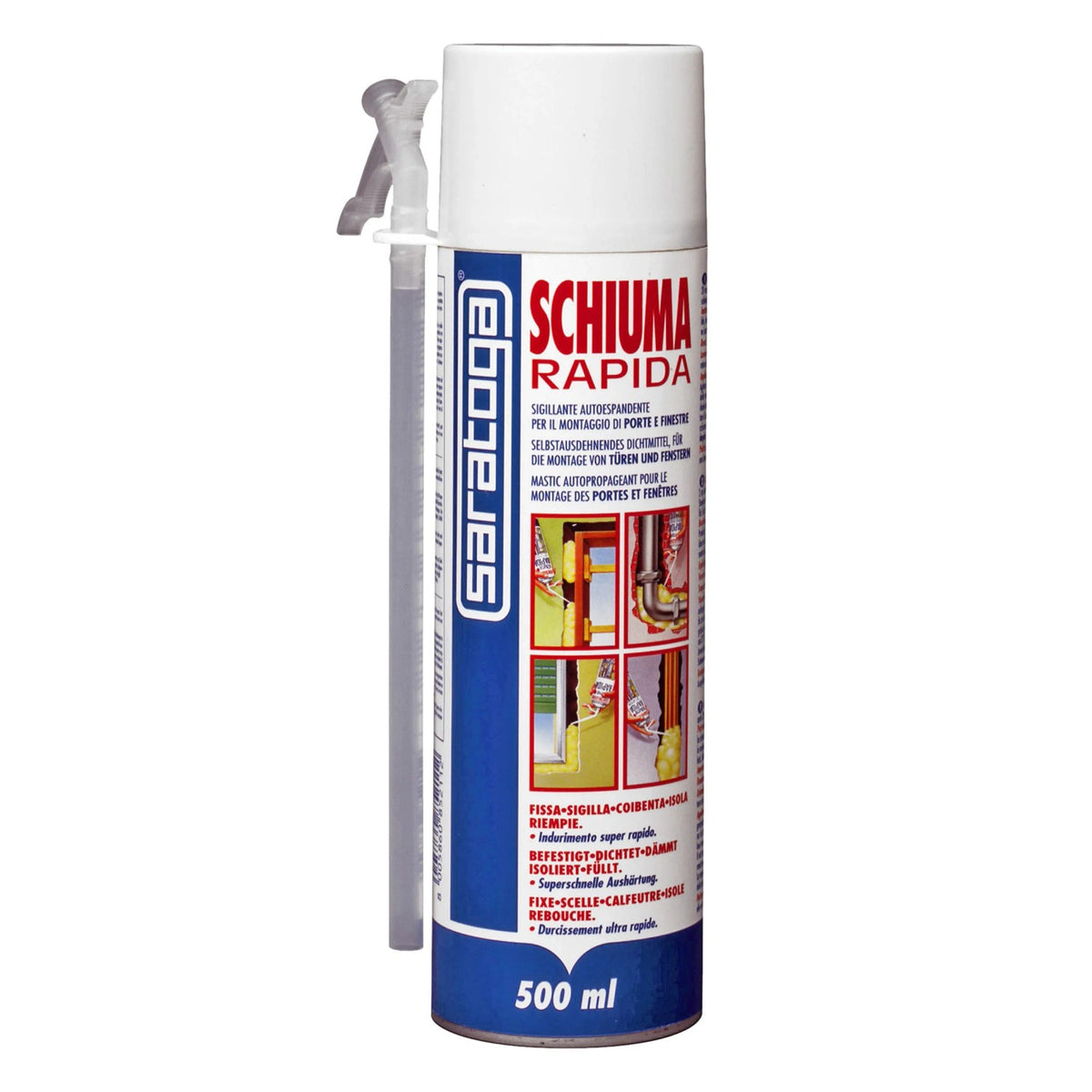 Mousse expansive SARATOGA Schiuma Rapida universelle 500 ml, bombe bleue et blanche avec canule, photo du produit original