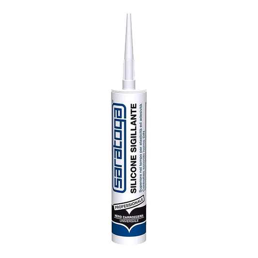 Silicone SARATOGA nero carrozzeria noir, cartouche professionnelle blanche et noire, photo réelle