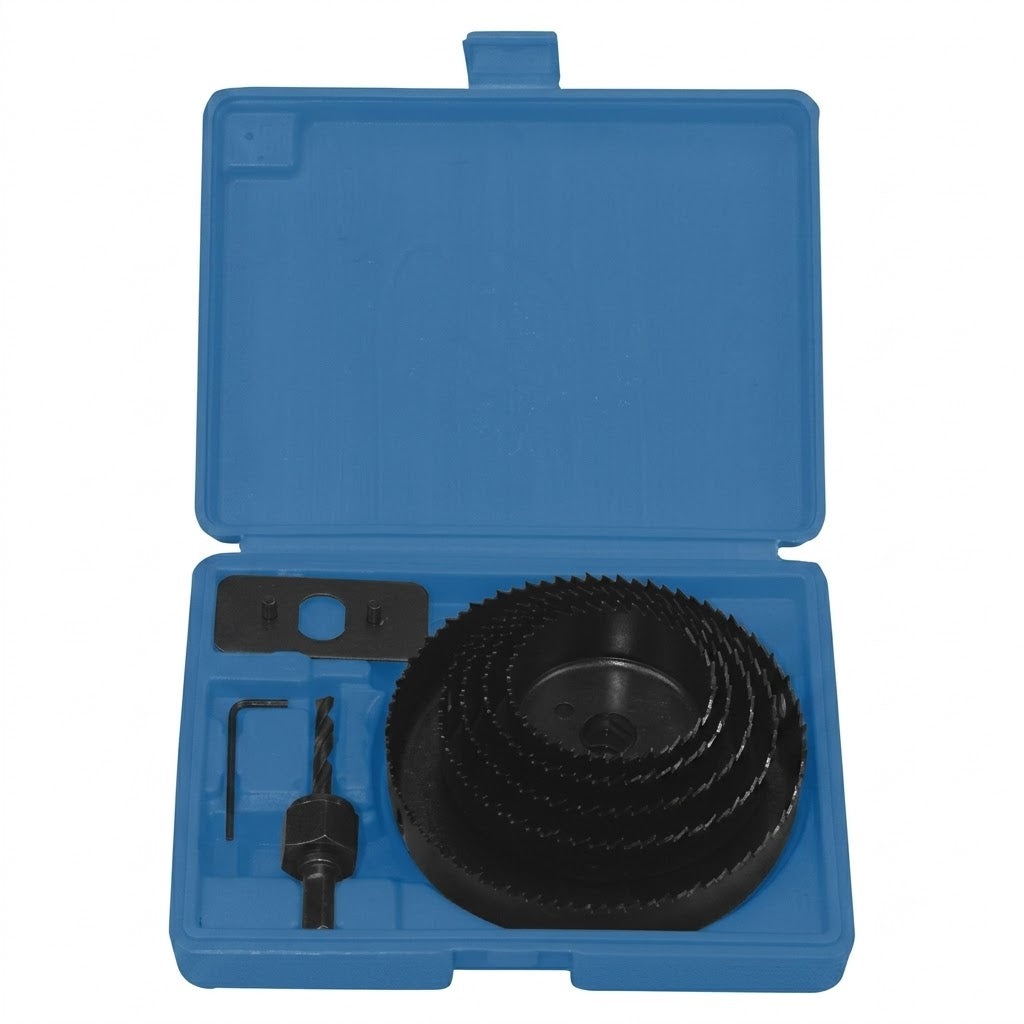 Jeu de scies à cloche 8 pièces ADEGSO AD-30140 — 5 diamètres 64 à 127 mm avec arbre et accessoires de montage | SQES Tunisie
