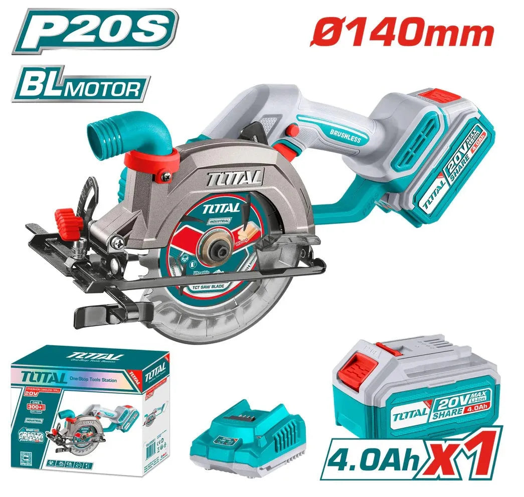 Scie Circulaire Sans Fil TOTAL TSLI14021 20V Brushless 140mm 6300tr/min Coupe 50mm Kit Batterie 4Ah — SQES Tunisie
