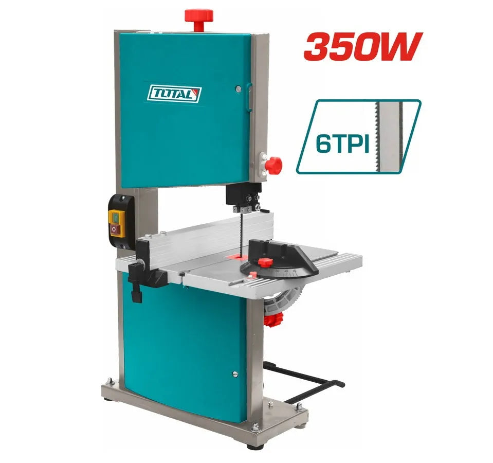 Scie à ruban TOTAL TS730301 350W – coupe 80x230mm, table 300x300mm inclinable 0-45°, lame 1511mm 6TPI, 11,6m/s, bois plastique atelier
