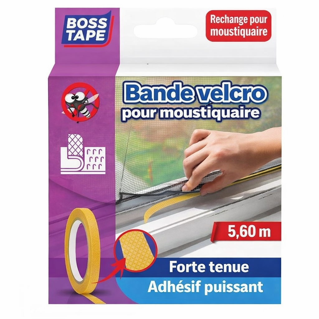 Scratch velcro Boss Tape 5,6m double face autocollant – fixation moustiquaire fenêtre et porte, repositionnable