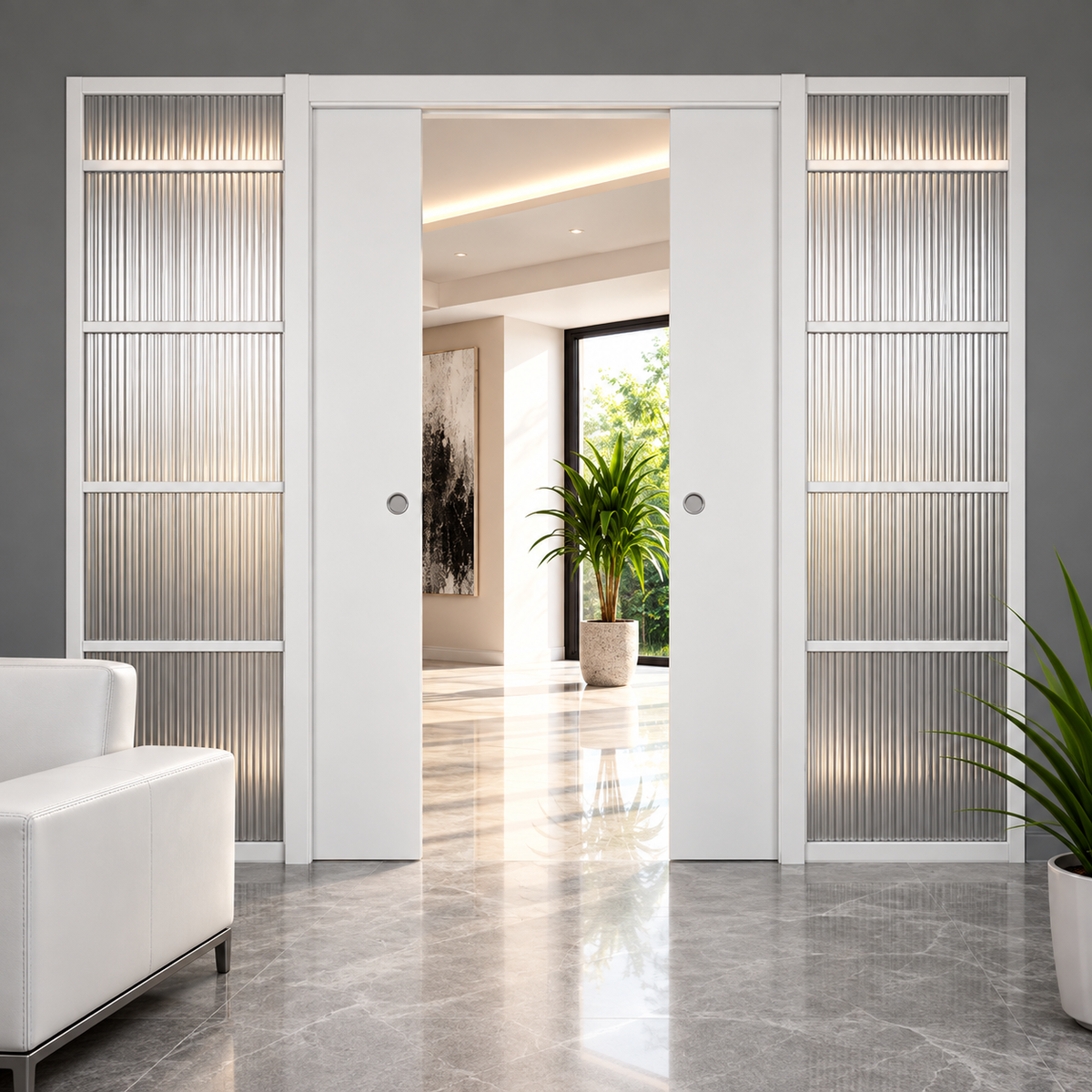 Système SCRIGNO pour porte coulissante escamotable double, 2 vantaux, dimensions indiquées 1400×2400×105 mm. Référence 4198AQ1424.