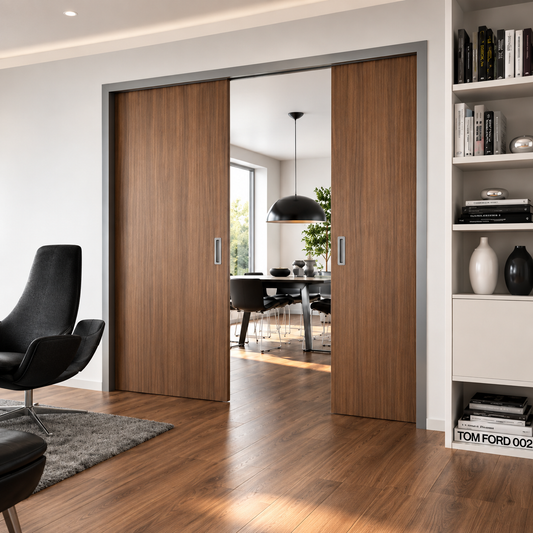 Système SCRIGNO pour porte coulissante escamotable double, 2 vantaux, version plâtre, dimensions indiquées 1800×2100×100 mm. Réf. 4198AQ1802.