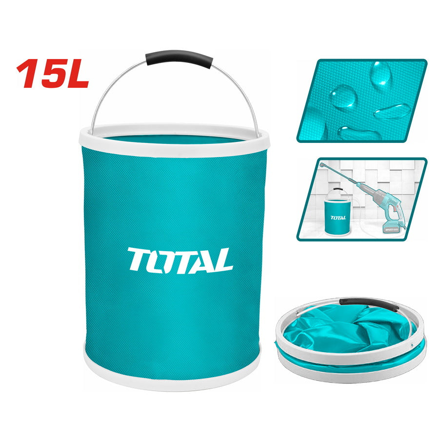 Seau pliant TOTAL TGTFB15 15L – Oxford 1200D revêtement PVC imperméable, poignée métal EVA antidérapante, 250x320mm, 0-65°C, pliable
