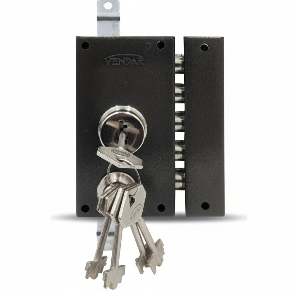 Serrure haute sécurité VENDAR référence 7015 avec 4 pistons latéraux, tige de verrouillage et 5 clés spéciales anti-copie – finition noir mat
