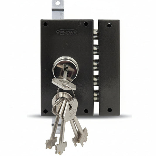 Serrure haute sécurité VENDAR référence 7015 avec 4 pistons latéraux, tige de verrouillage et 5 clés spéciales anti-copie – finition noir mat
