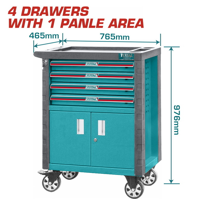Servante d'atelier TOTAL T01041THRC 4 tiroirs panneau travail 560×420mm roulettes 5 pouces 41kg – SQES Tunisie
