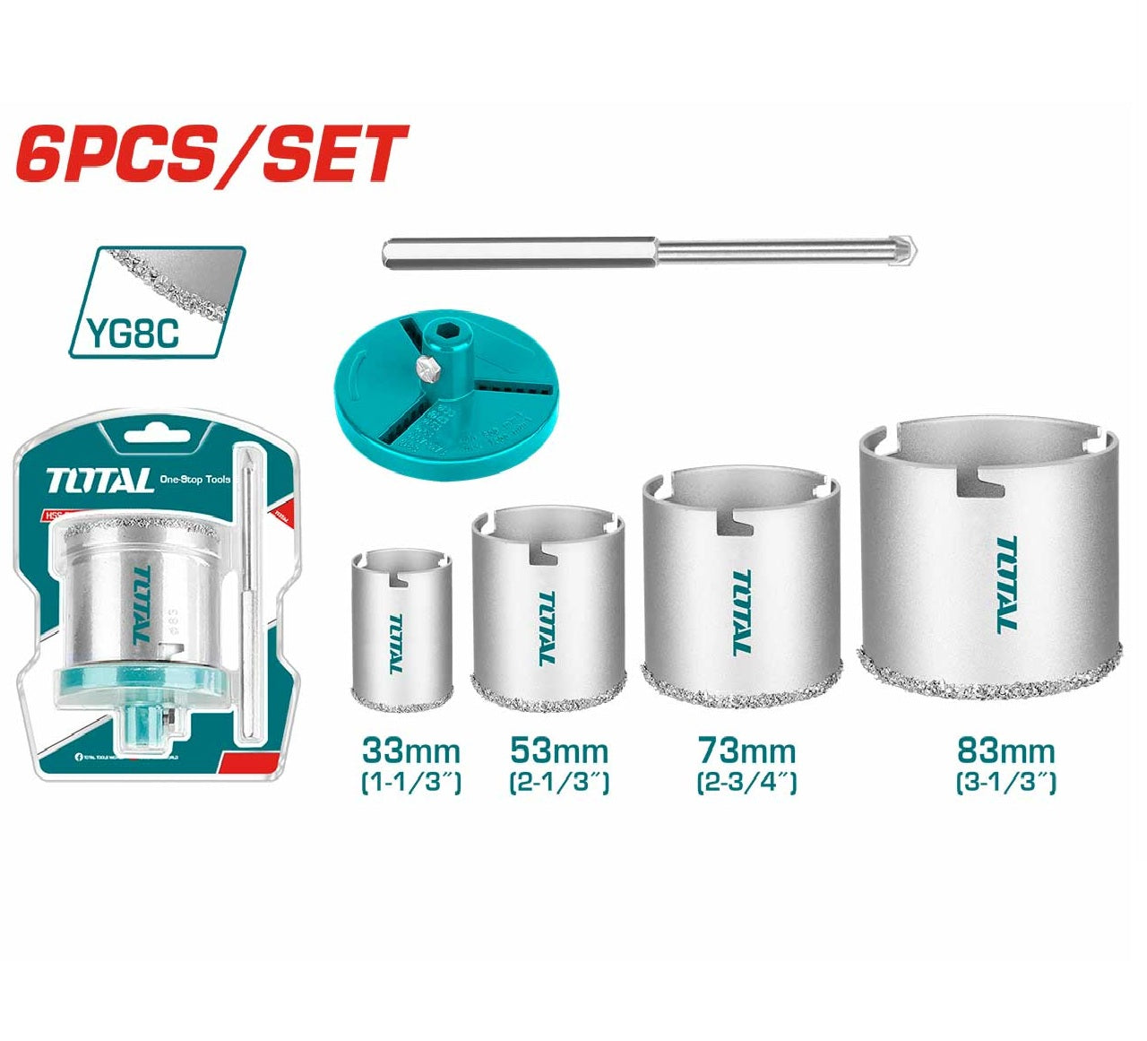 Set 6 scies-cloches diamantées TOTAL TAC44061 – poudre diamant YG8C, perçage à sec, carrelage porcelaine céramique grès, coupe nette
