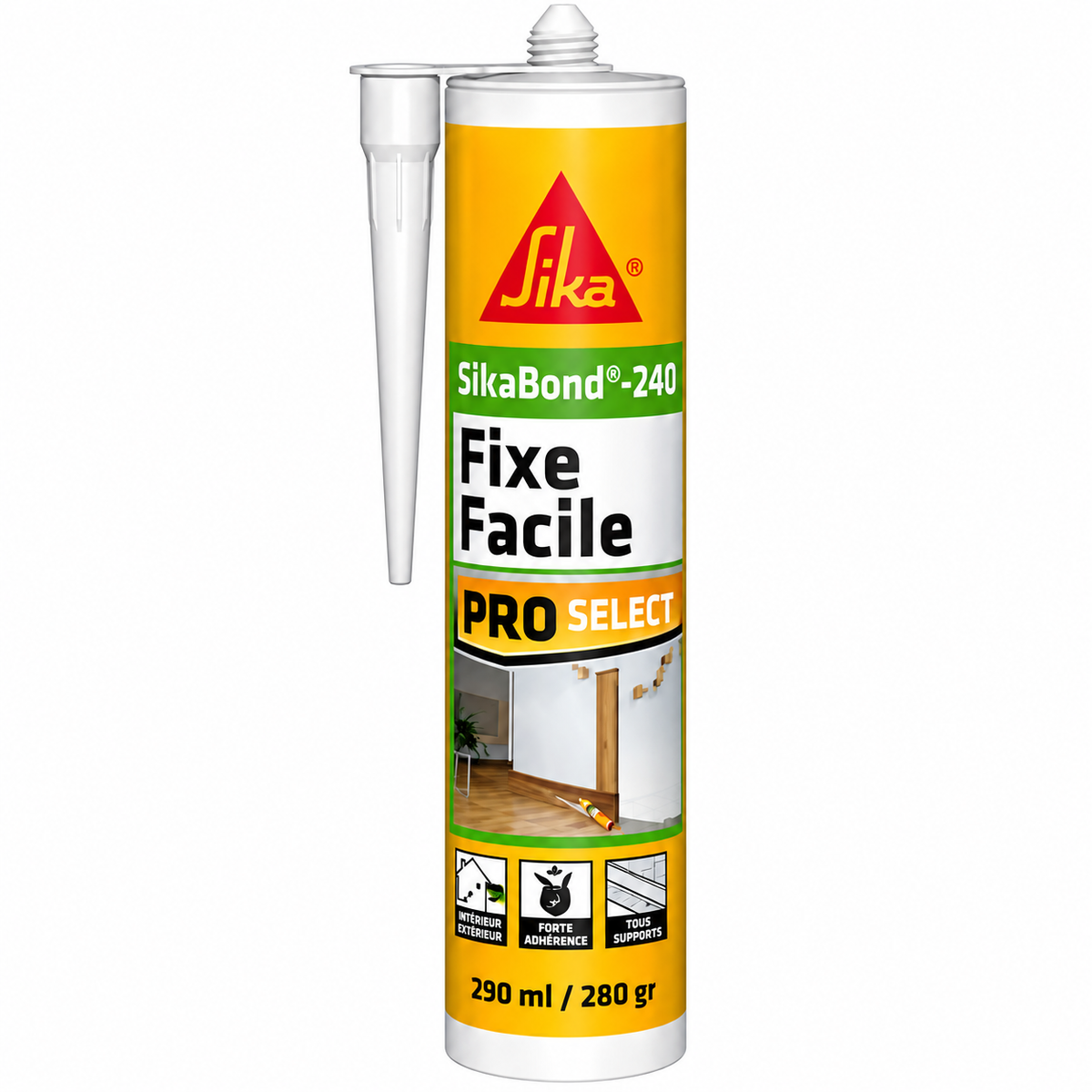 Colle SIKA SikaBond 240 Fixe Facile 280 g à gâchette intégrée, pour fixer plinthes, moulures et décors sans pistolet. Commandez sur SQES.tn.