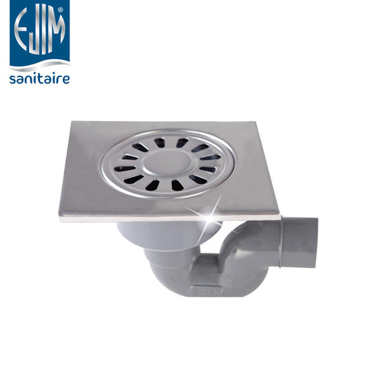 Siphon siphoïde PVC grille inox 304 15x15 cm EJIM – anti-odeur, anti-insectes, pour douche buanderie terrasse et cuisine

