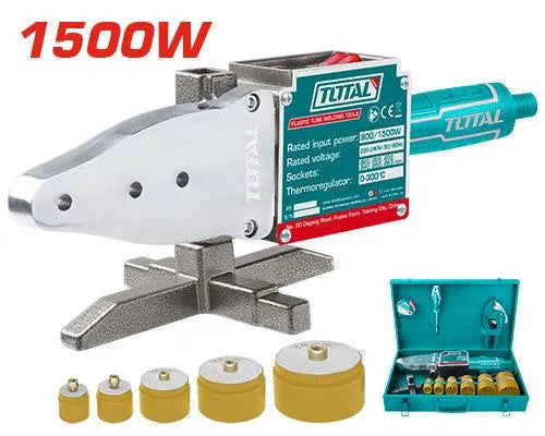 Soudeuse PPR TOTAL TT328151 800W/1500W – thermostat 0-300°C, 6 douilles 20-63mm, coupe-tube + ruban + clé hex + tournevis, boîte métal
