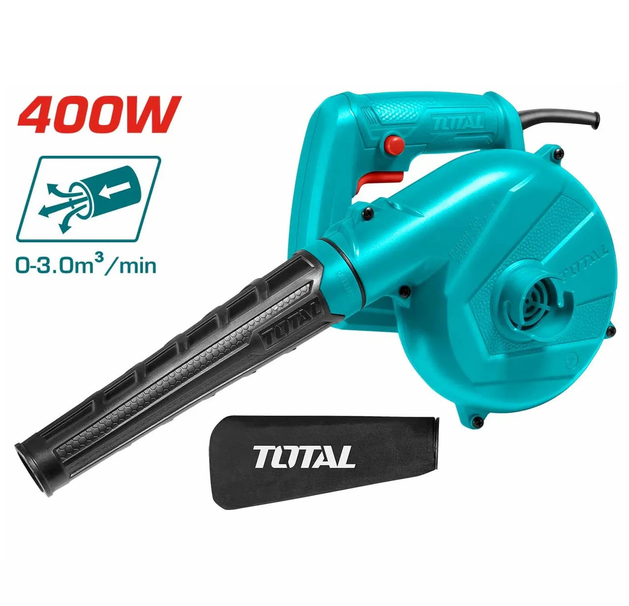 Souffleur aspirateur TOTAL TB2046 400W – vitesse variable 0-14000tr/min, soufflage 3,3m³/min, sac à poussière inclus, jardin et chantier