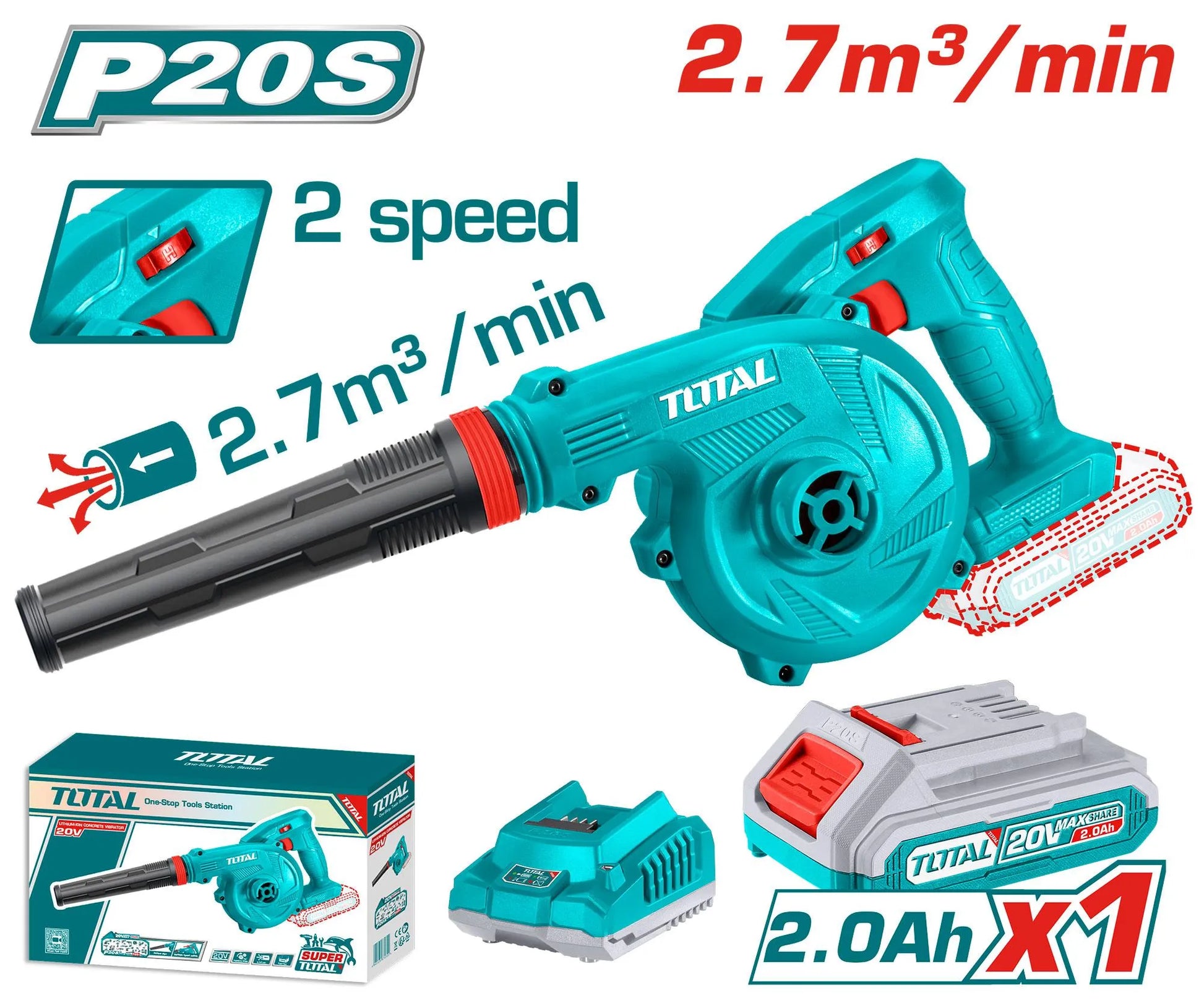 Souffleur Sans Fil TOTAL TABLI200181 20V 18000rpm 2.7m³/min 2 Vitesses Kit Batterie 2Ah — SQES Tunisie
