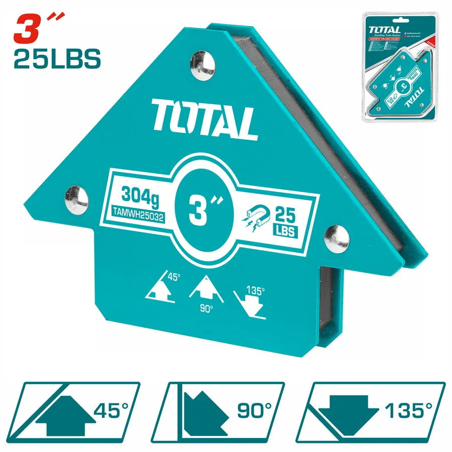 Support de soudage magnétique TOTAL – 3 angles 45°/90°/135°, force 75 lb, acier robuste, disponible en 3"
