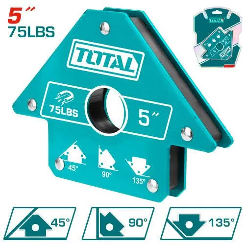 Support de soudage magnétique TOTAL – 3 angles 45°/90°/135°, force 75 lb, acier robuste, disponible en 5"
