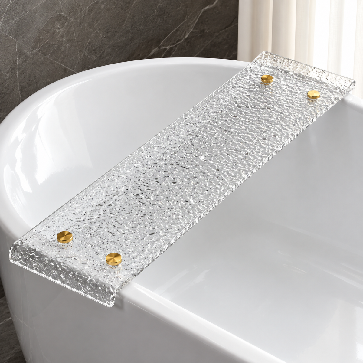 Tablette de baignoire P en acrylique, format catalogue 80×20×3, à poser sur la baignoire pour garder des accessoires de salle de bain à portée de main.