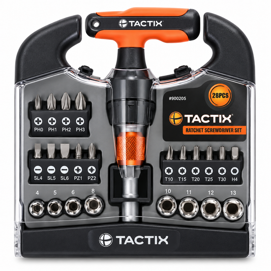 TACTIX Kit 24 Pièces Douilles & Embouts Cr-V + Mini Cliquet en T Réf. 900184 – Vissage & Maintenance | SQES Tunisie
