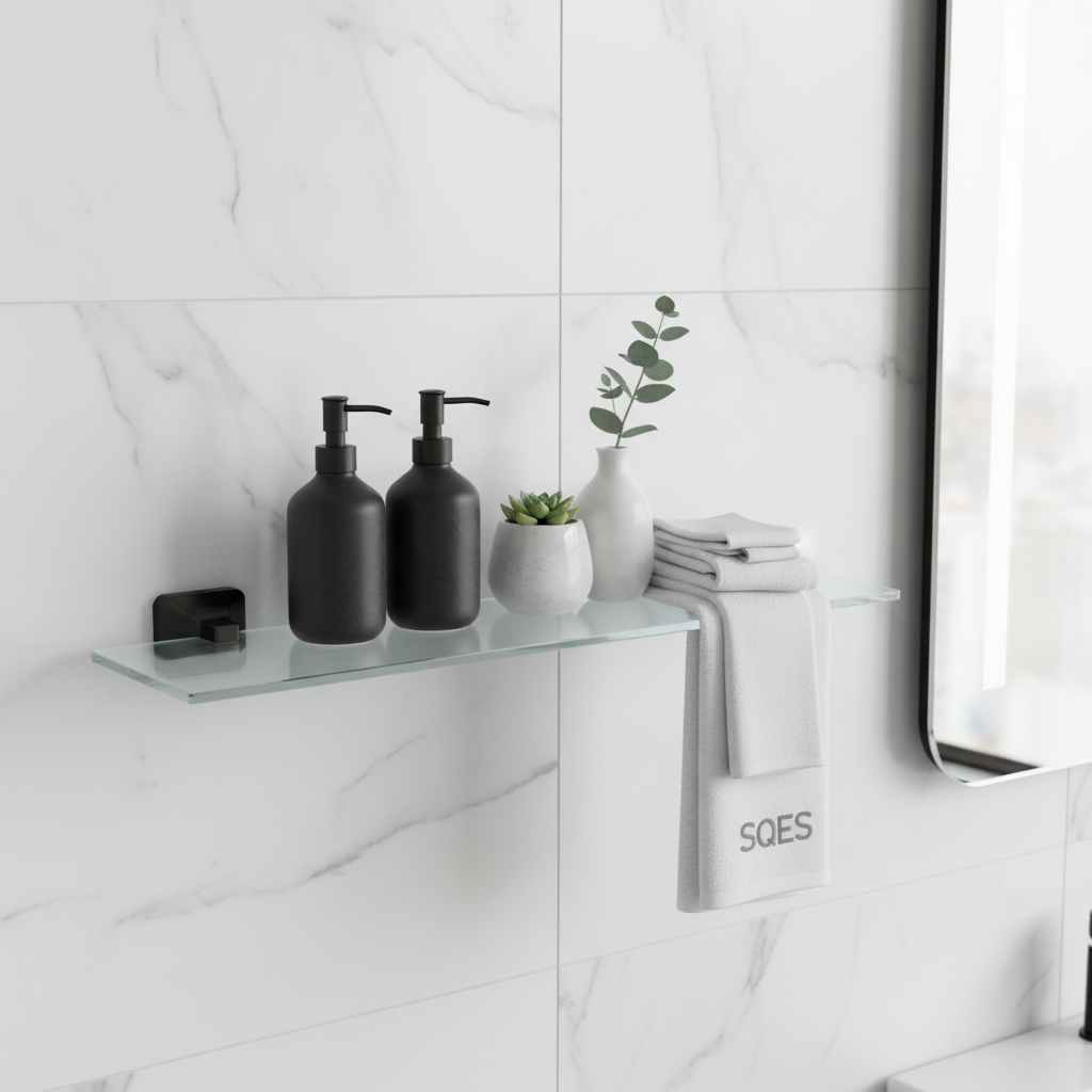 Étagère en verre avec supports noirs et accessoires de salle de bain