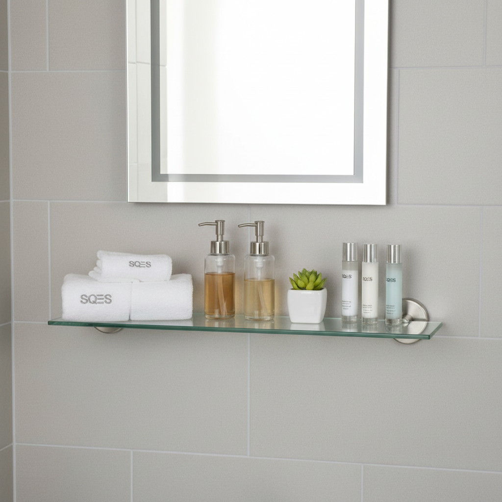 Étagère en verre inox avec produits organisés et serviettes SQES