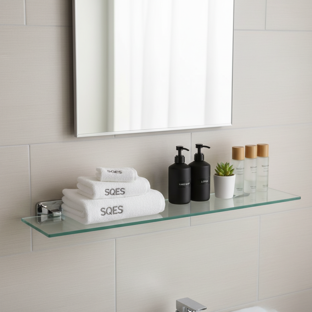 Étagère en verre UNO avec produits organisés et serviettes SQES