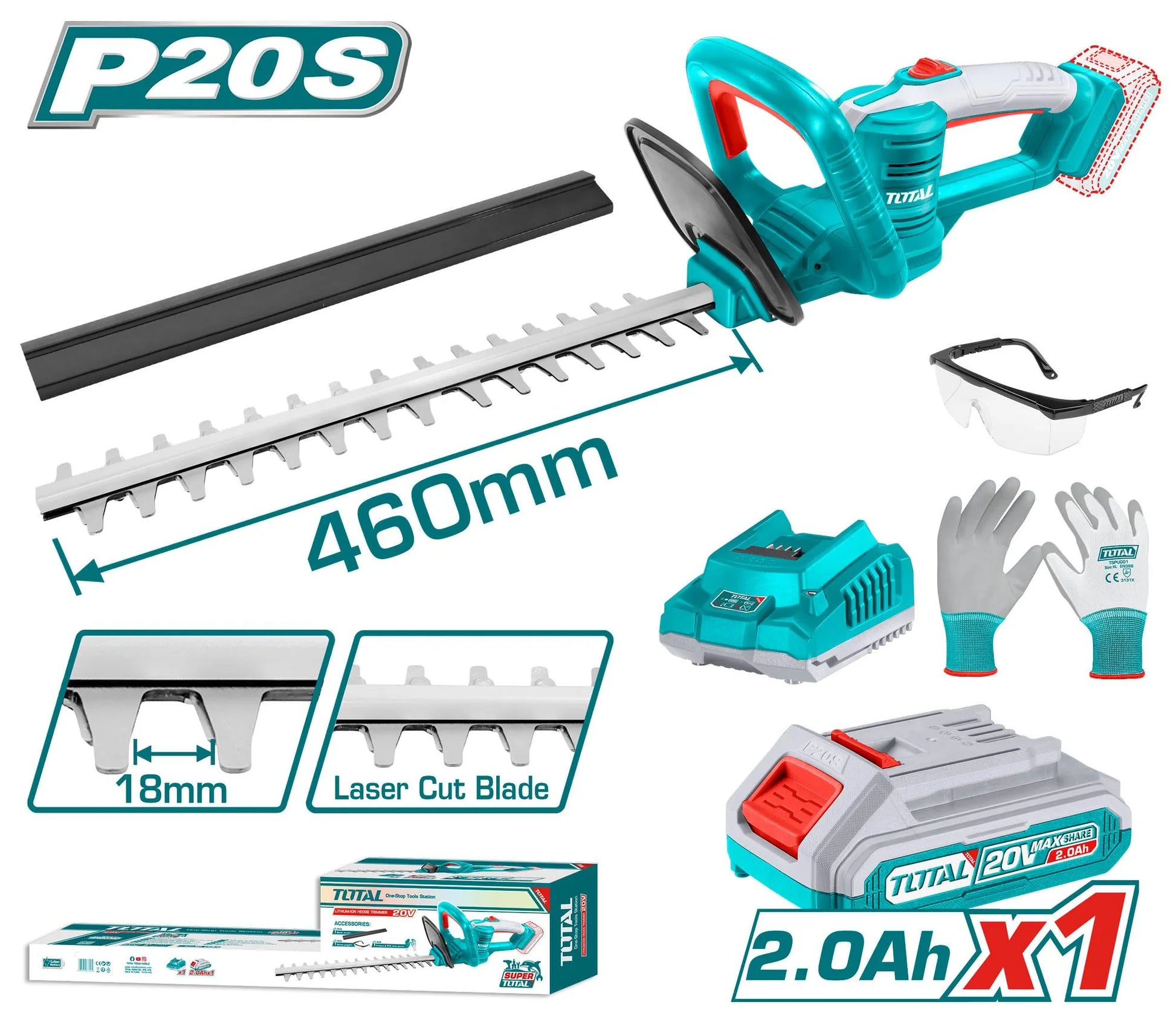 Taille-haie sans fil TOTAL THTLI20461 20V – lame 460mm découpée laser, 2800 spm, coupe 18mm, batterie 2Ah + chargeur + lunettes + gants inclus
