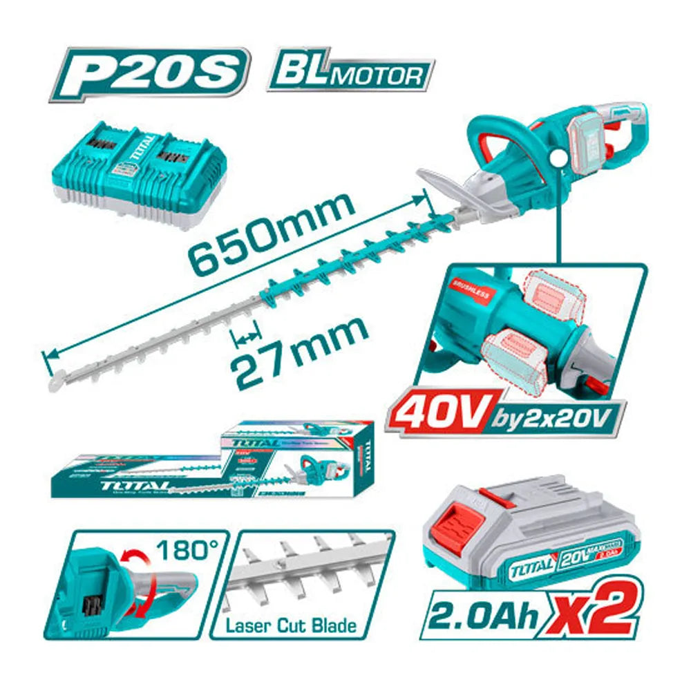 Taille-Haie Sans Fil TOTAL THTLI400282 40V Brushless Lame Laser 650mm Espacement 27mm — SQES Tunisie
