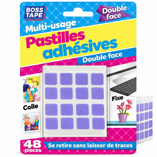 Tampons adhésif double face Boss Tape 12mm x 12mm lot de 48 – fixation photos, décorations, affiches et objets légers multi-surfaces
