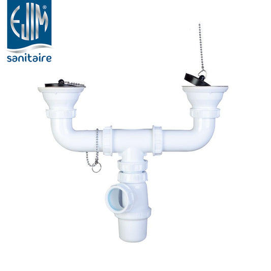 Té de vidage double bac PVC blanc EJIM réf JCU3027 – siphon intégré anti-odeur, montage sans outil, bouchons et chaînettes inox inclus

