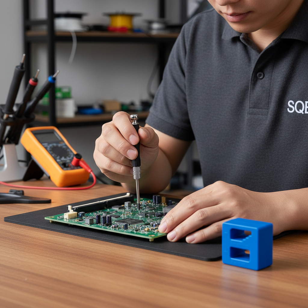 Technicien installant vis sur circuit imprimé