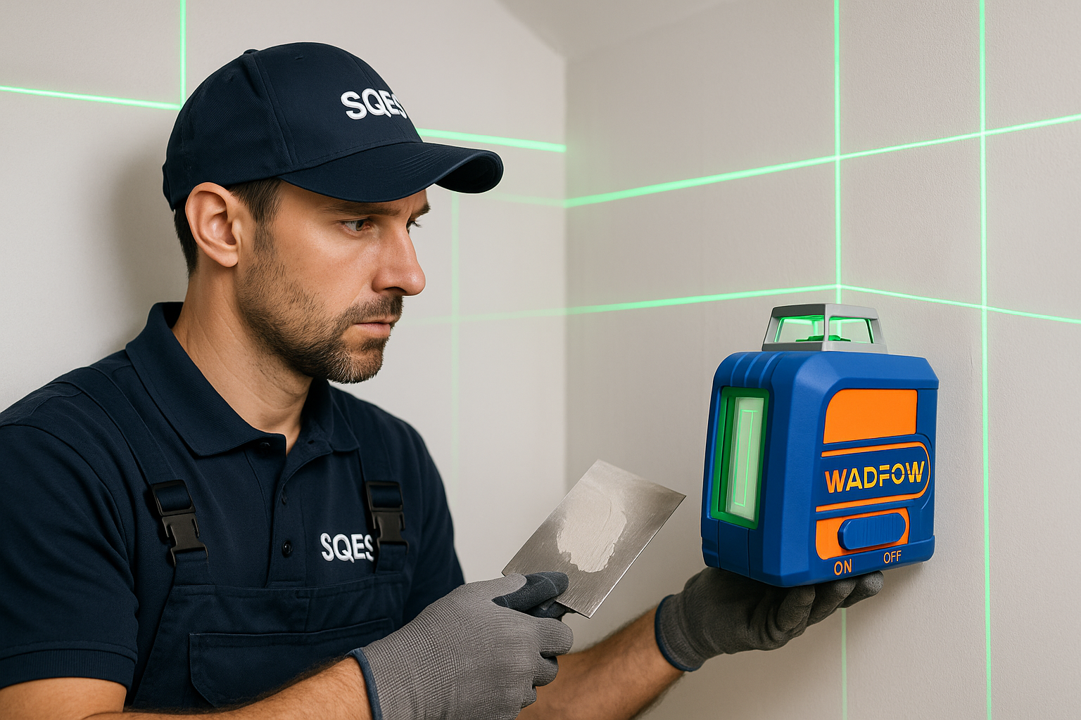 Technicien SQES avec le niveau laser WADFOW bleu et orange