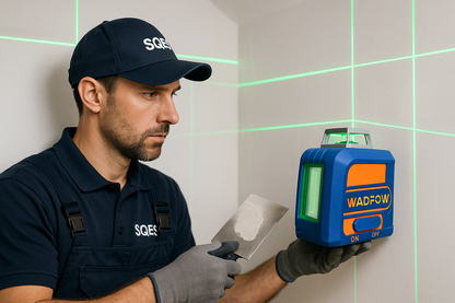 Technicien SQES avec le niveau laser WADFOW bleu et orange
