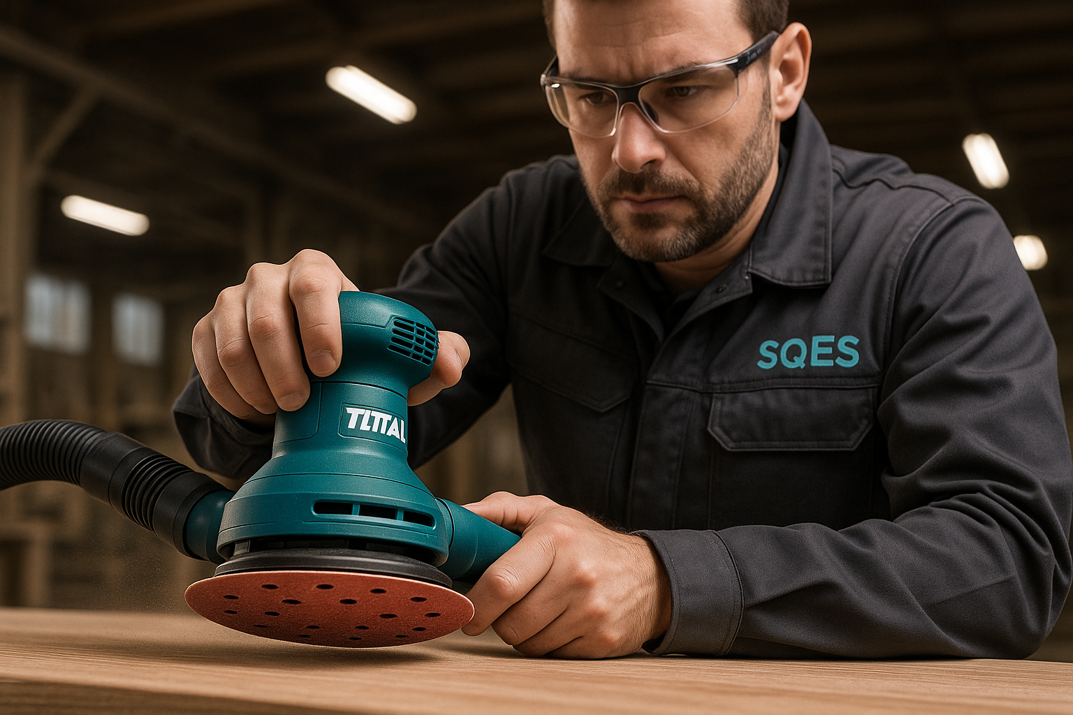 Technicien SQES utilisant la ponceuse orbitale avec disques TOTAL