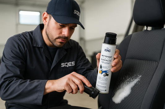 Technicien SQES utilisant le nettoyant KING pour nettoyer un siège de voiture