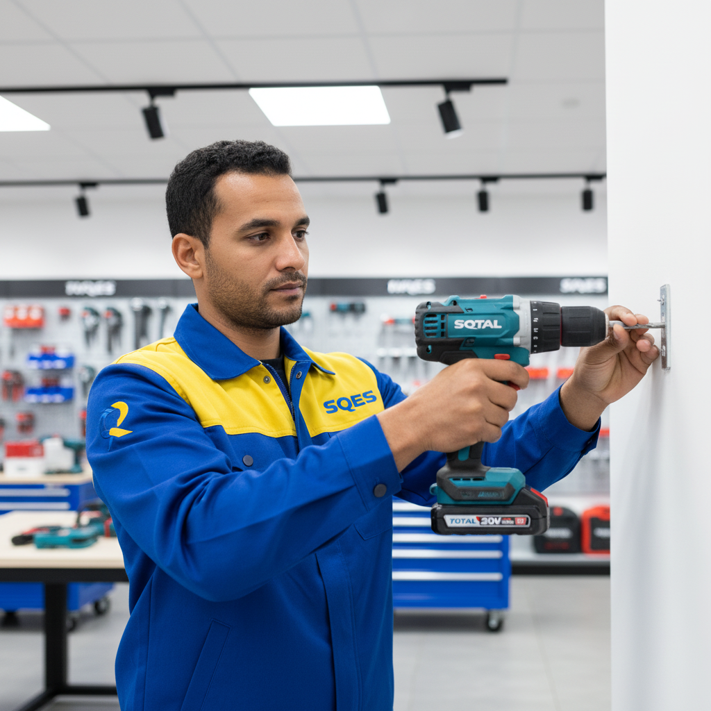 Technicien tunisien SQES utilisant la perceuse TOTAL pour fixation murale
