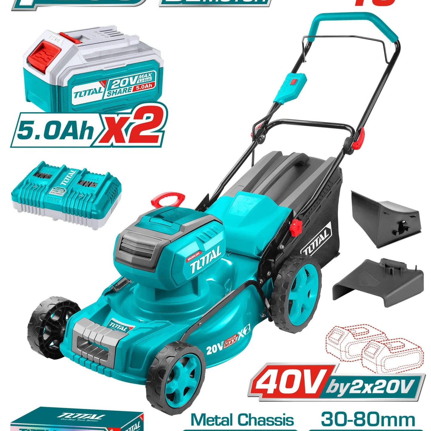 Tondeuse à Gazon Sans Fil TOTAL TLMLI20186 40V Brushless 460mm Bac 60L 3-en-1 Mulching — SQES Tunisie
