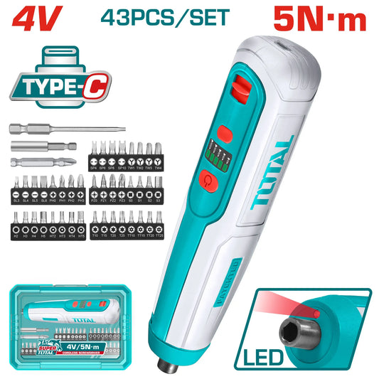 Tournevis sans fil TOTAL TSDLI04062 4V 5Nm recharge USB-C LED intégrée 43 embouts Cr-V – SQES Tunisie
