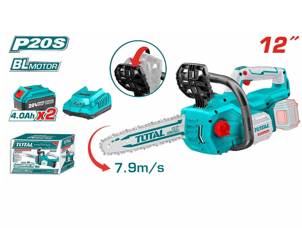 Tronçonneuse sans fil TOTAL TGSLI201286 20V brushless barre 30cm 2 batteries 4Ah – SQES Tunisie
