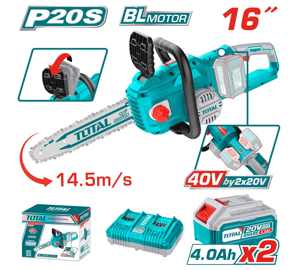 Tronçonneuse Sans Fil TOTAL TGSLI401682 40V Brushless 16" 40cm Kit 2 Batteries 4Ah Chargeur Double — SQES Tunisie
