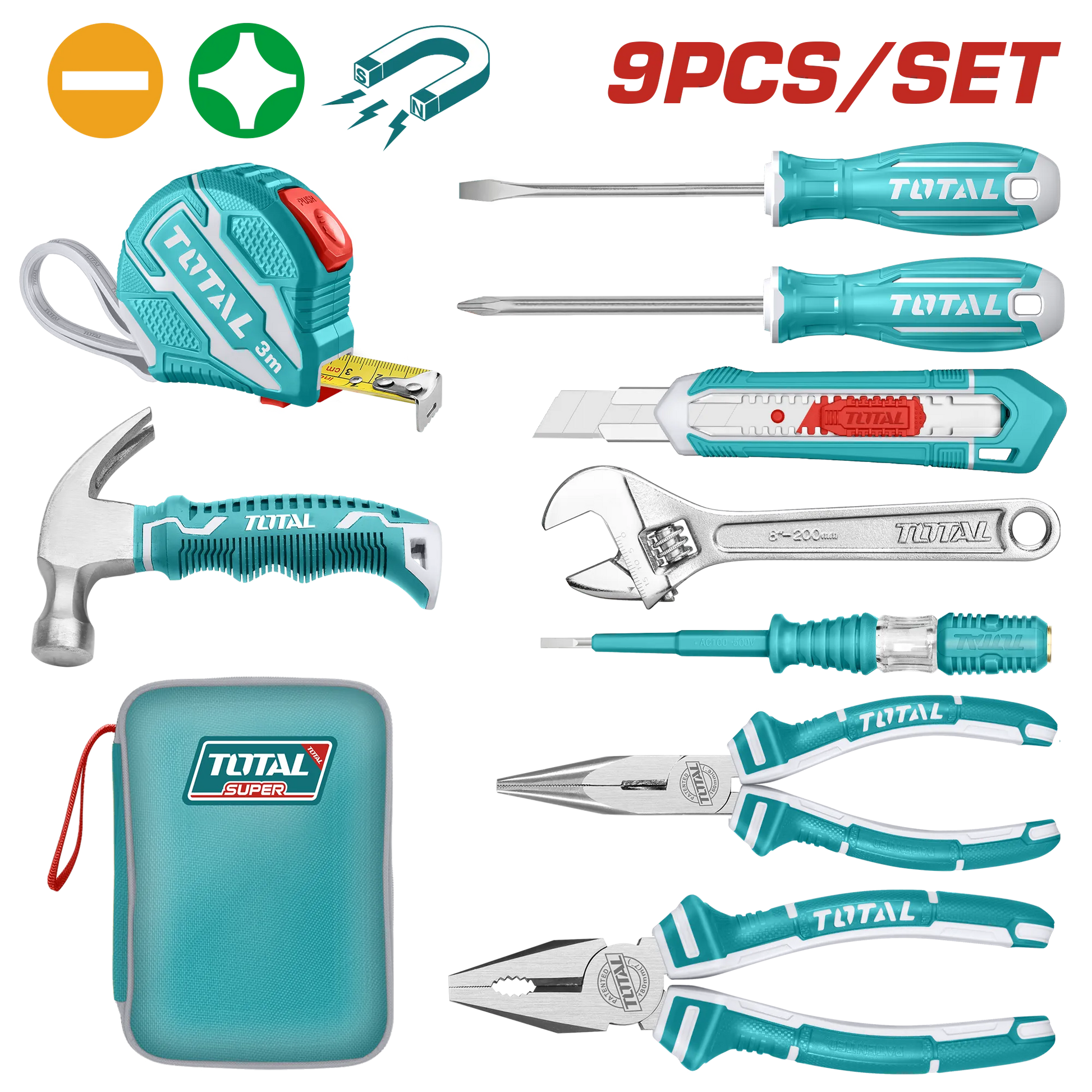 Trousse de bricolage TOTAL THKTHP90097 9 pièces – ruban 3m, tournevis PH1+SL5,5, clé molette 8", pince bec long 6", pince combinée 7", cutter, testeur, marteau
