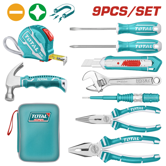Trousse de bricolage TOTAL THKTHP90097 9 pièces – ruban 3m, tournevis PH1+SL5,5, clé molette 8", pince bec long 6", pince combinée 7", cutter, testeur, marteau
