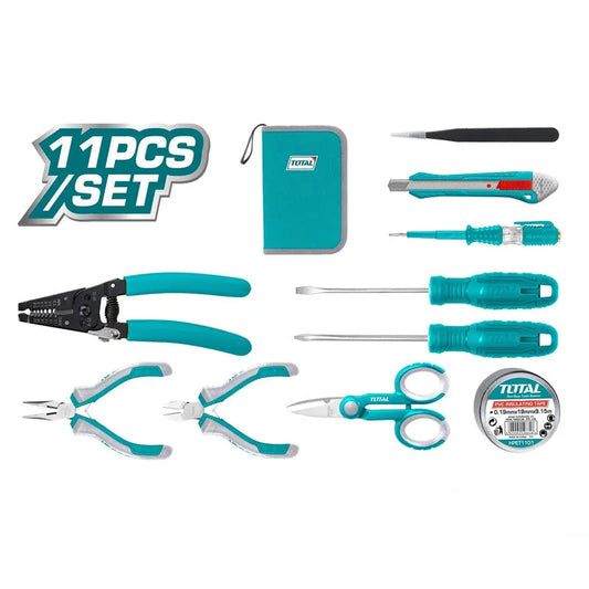 Trousse d'électricien TOTAL TKETS0111 11 pièces – pince bec long, coupante, ciseaux, dénudeur, tournevis, stylo test, couteau, ruban PVC, sac toile
