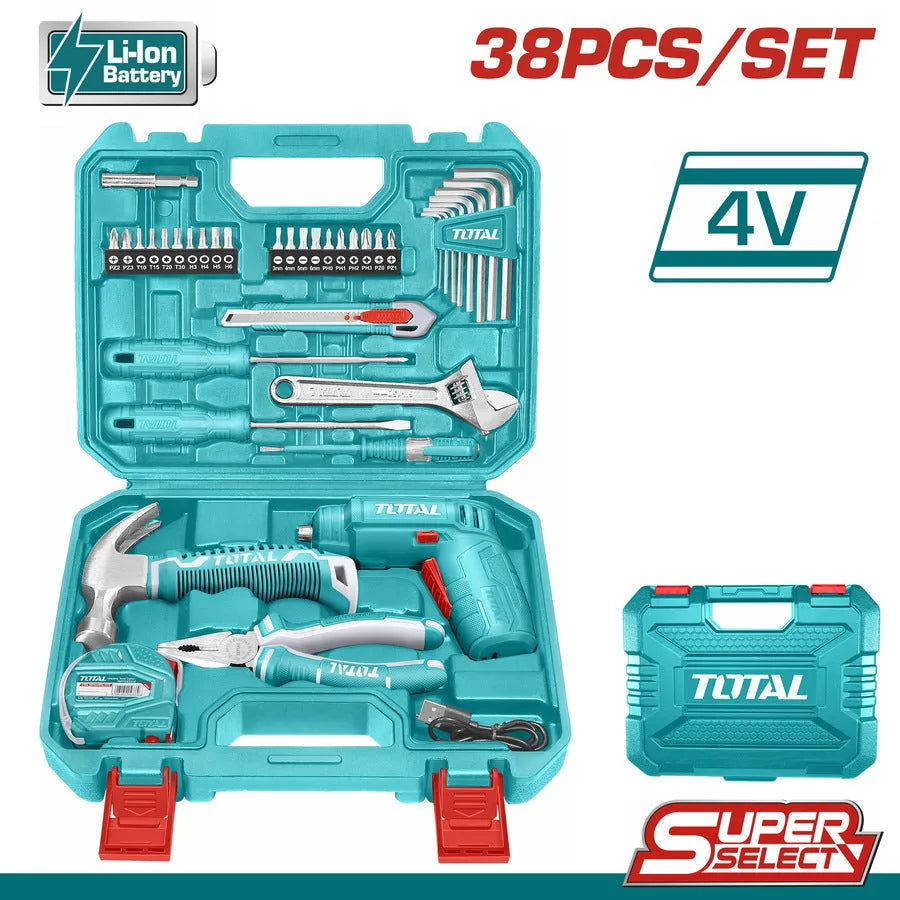 Valise bricolage TOTAL THKTHP10386 38 outils – visseuse 4V 180tr/min 4N.m, 20 embouts, 8 clés hex, marteau, pince, testeur, règle, valise BMC

