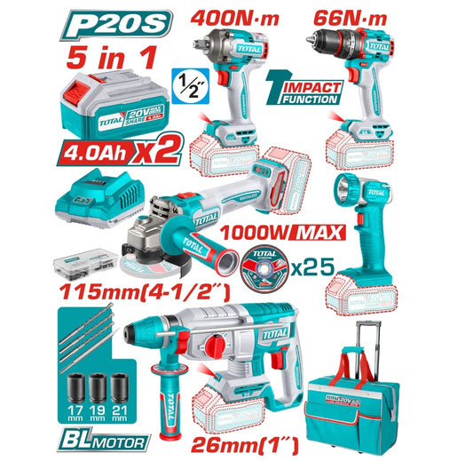 Kit outils électroportatifs sans fil 5 pièces – 20V Brushless – TCKLI20592
