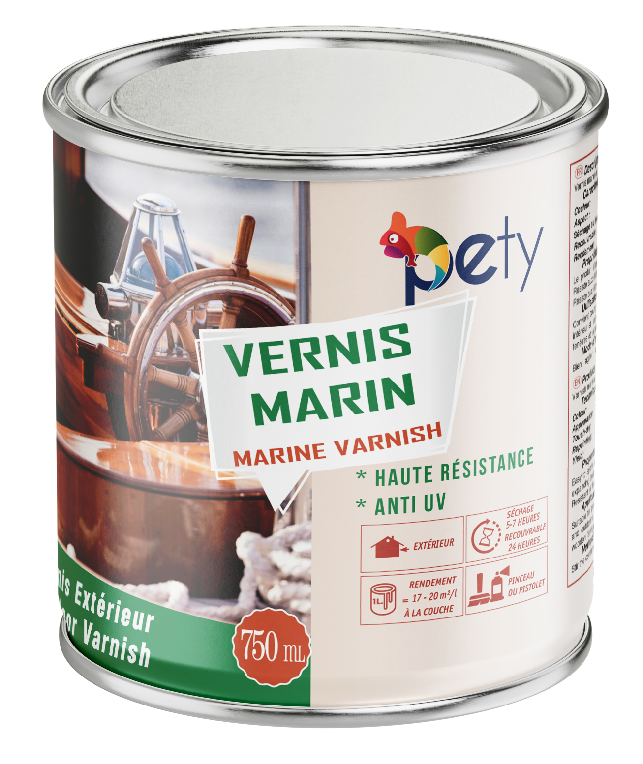 Vernis marin PETY 750ml – protection bois filtre UV et résistant chlore, 5 ans durabilité, finition brillant ou satiné, idéal bateaux et piscines
