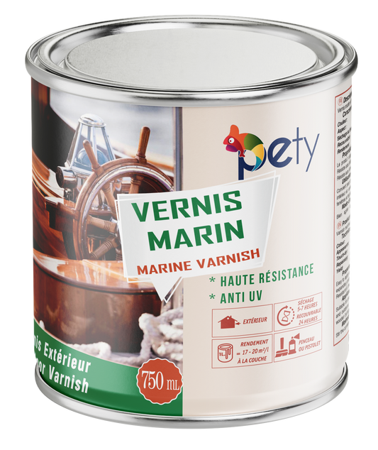 Vernis marin PETY 750ml – protection bois filtre UV et résistant chlore, 5 ans durabilité, finition brillant ou satiné, idéal bateaux et piscines
