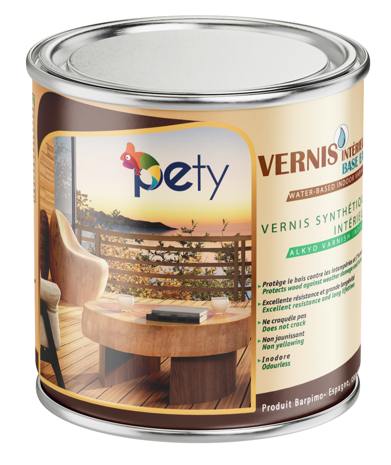 Vernis synthétique intérieur base eau PETY 750ml – finition mat ou brillant, séchage rapide, résistant rayures et liquides, idéal meubles et escaliers
