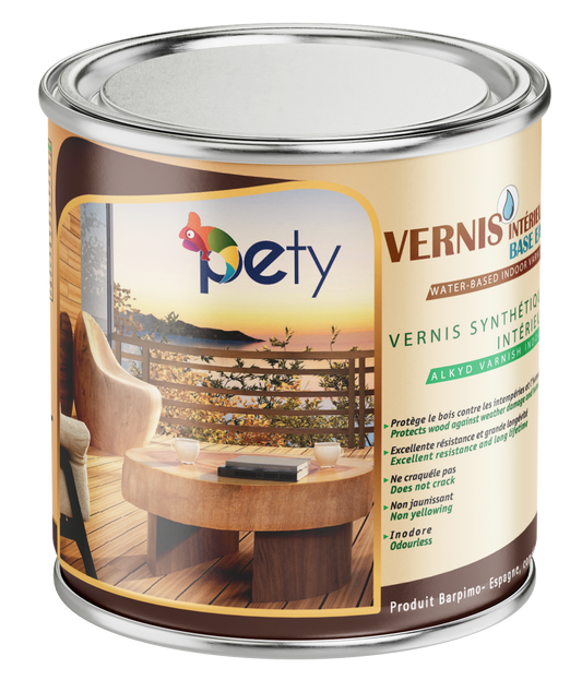 Vernis synthétique intérieur base eau PETY 750ml – finition mat ou brillant, séchage rapide, résistant rayures et liquides, idéal meubles et escaliers
