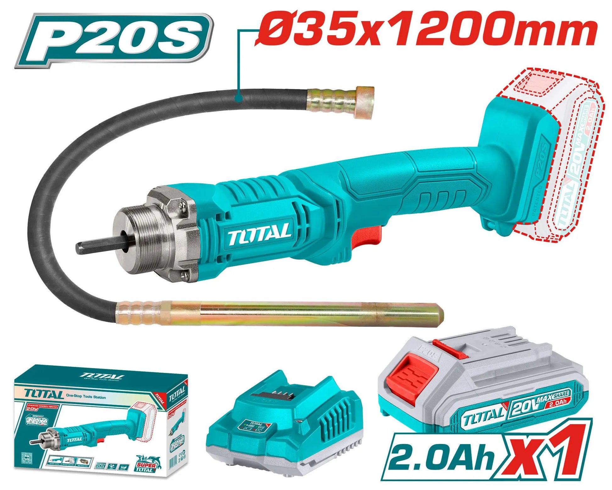 Vibrateur à béton sans fil TOTAL TCVLI2023011 20V – aiguille Ø35x1200mm, 2300tr/min, batterie Li-Ion 2Ah + chargeur inclus, construction maçonnerie
