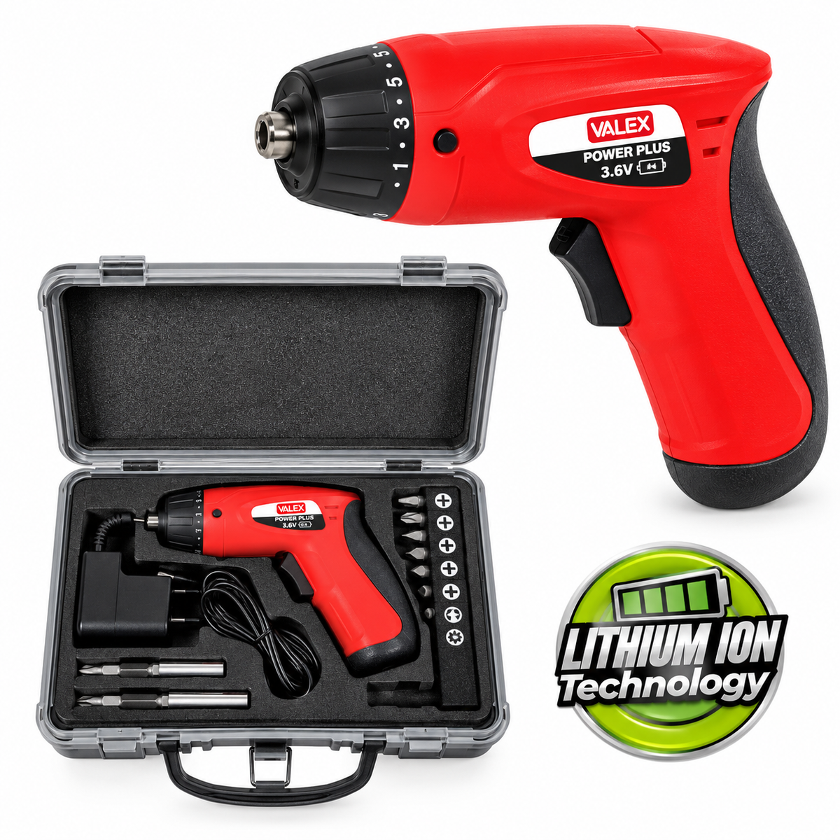 Visseuse sans fil VALEX DRIVER 5F 1422529, batterie lithium 3,6 V, 200 tr/min, réglage 21+1 positions et accessoires de vissage.